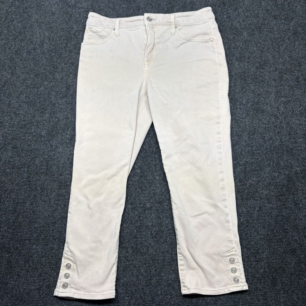 Chicos So Slimming Girlfriend Crop Pants Womens 0.5 US 6 Khaki Button Snap Hem